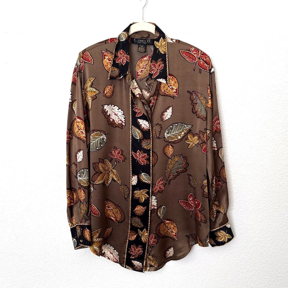 [Vintage] Brown Autumn Leaf Print 100% Silk Long Sleeve Button Down Blouse Sz 12